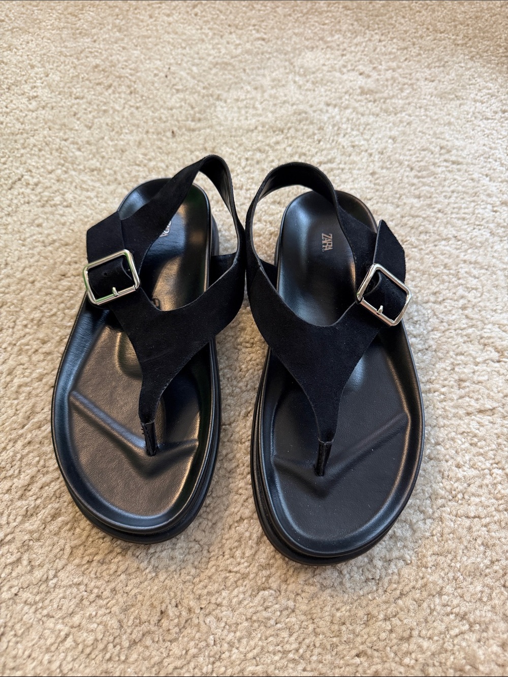 Zara Black Suede Buckle Thong Sandals with Silver Accents